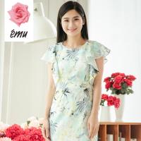 emu/依妙红玫瑰新款夏新品时尚女装休闲印花荷叶边紧身包臀连衣裙