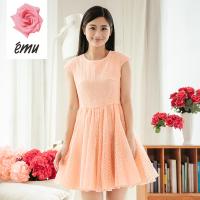 EMU/依妙红玫瑰新款夏季新品短袖网纱连衣裙橙色X型连衣裙性感女