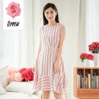 emu/依妙红玫瑰新款秋季新品时尚女装粉红条纹拼接无袖性感连衣裙