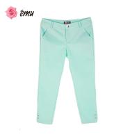 EMU/依妙红玫瑰装饰七分窄脚裤蓝绿梭织7分裤时尚休闲夏季休闲裤