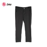 EMU/依妙红玫瑰装饰七分窄脚裤灰色梭织7分裤裤时尚休闲夏季女裤
