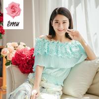 EMU/依妙红玫瑰一字领短袖上衣蓝绿变化廓形短袖雪纺衫时尚休闲夏