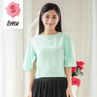 EMU/依妙红玫瑰喇叭袖短款上衣浅绿圆领短袖正常上衣时尚休闲夏装