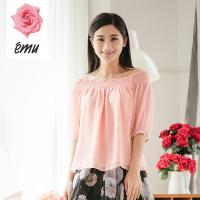 EMU/依妙红玫瑰一字肩上衣女夏插肩袖时尚一字领露肩短袖雪纺衫