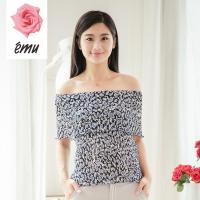 EMU/依妙红玫瑰新款夏季新品压褶碎花一字领上衣印花雪纺衫性感女