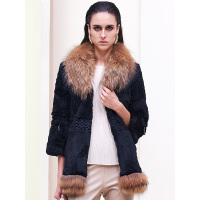 女款精致大毛领中长袖兔毛皮草外套