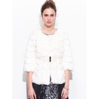 兔毛七分袖圆领收腰型皮草外套 