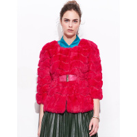 兔毛七分袖圆领收腰型皮草外套   .