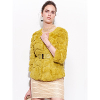 兔毛七分袖圆领收腰型皮草外套.