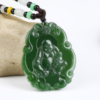 老矿俄料菠菜绿天然和田碧玉弥勒佛挂件
