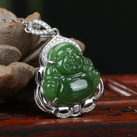 豪华银镶S925天然菠菜绿和田碧玉佛公