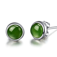 时尚百搭S925银镶天然和田碧玉耳钉