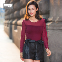 三枪打底衫女 秋冬新品美体修身圆领纱网长袖女士打底上衣22796A0