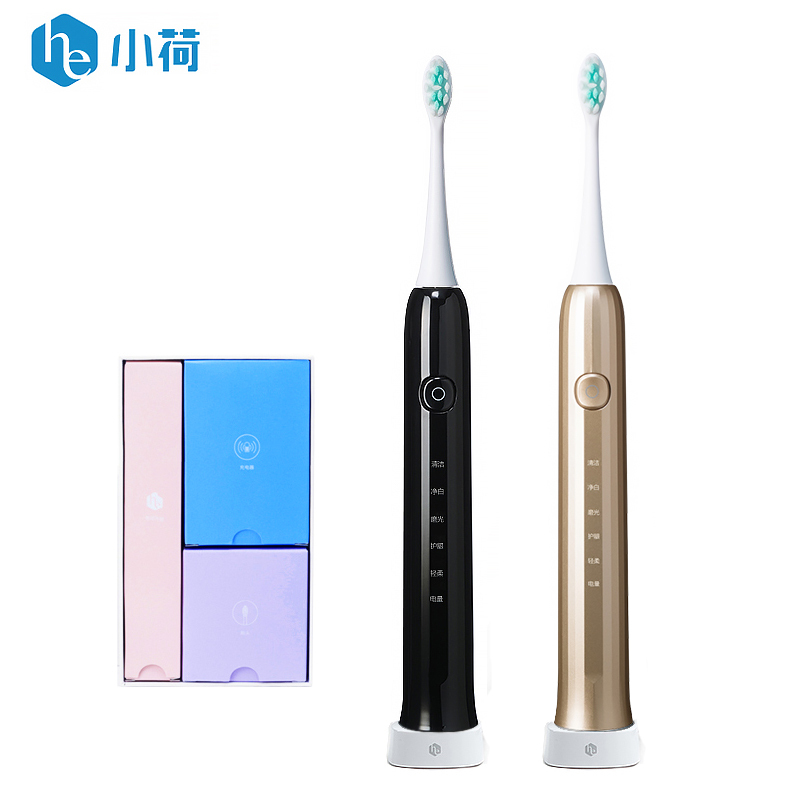 小荷声波电动牙刷H9-OA 杜邦毛 防水美白软毛 感应式充电牙刷 智能电动牙刷黑色土豪金2只装