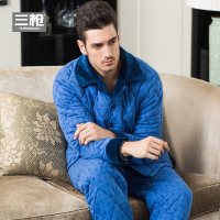 三枪家居服男 秋冬新品夹棉翻领开襟男士保暖家居套装81203D0