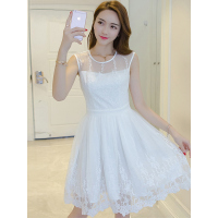 丝柏舍 2018夏装新款女韩版时尚纯色钩花蕾丝圆领无袖修身连衣裙S72R1541L