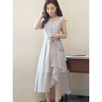 丝柏舍 2018年夏季新款女装纯色圆领收腰无袖中长款连衣裙S72R1394L