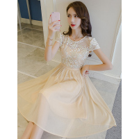 丝柏舍2019夏季女装纯色绣花网纱拼接圆领短袖中长款连衣裙S72R1526L