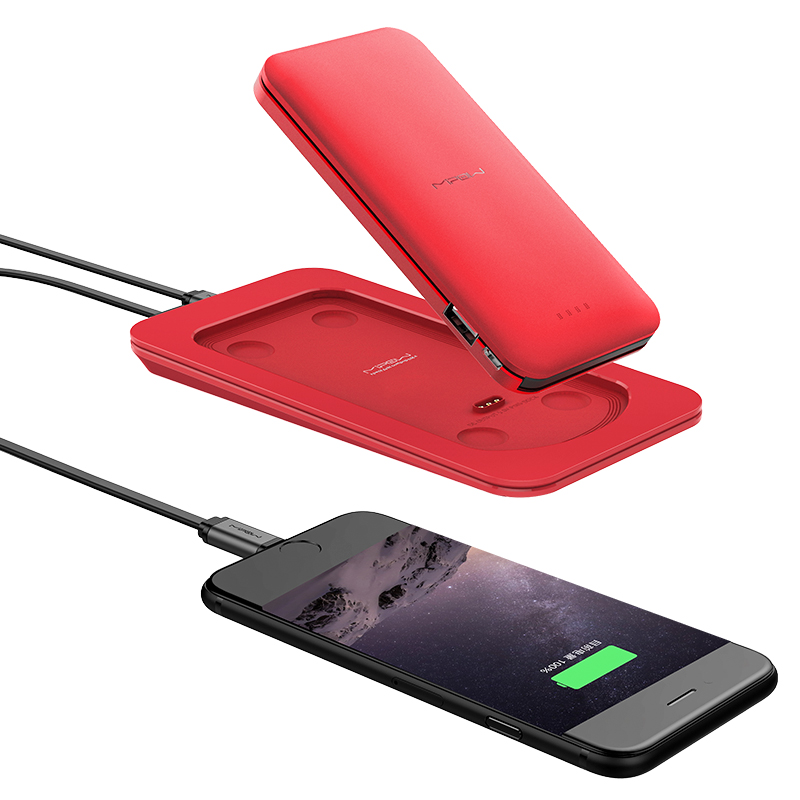 MIPOW 手机移动电源 7000毫安 锂聚合物电池 便携超薄充电宝自带苹果线 双向快充 红色