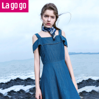 Lagogo2017夏季新款吊带裙子漏肩短袖纯色高腰短裙女牛仔连衣裙