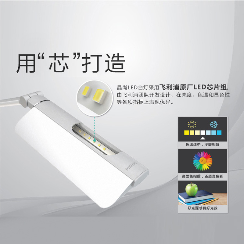 飞利浦(Philips)带光源学生阅读LED光源简约现代学习护眼台灯宿舍卧室办公书桌写字商务办公台灯 白色 黑色 晶尚高清大图
