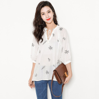 拉夏贝尔2017秋新款印花短款纯棉七分袖衬衫女10008656