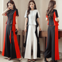 2017年夏季套装/套裙优雅简约百搭圆领短袖上衣+拼接阔腿裤