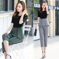 套装/套裙2017年夏季时尚优雅简约拼接圆领短袖上衣+条纹九