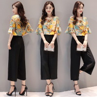 2017年夏季套装/套裙时尚优雅甜美短袖碎花上衣+纯色宽松阔
