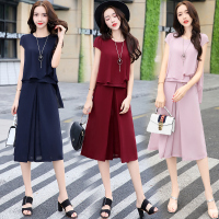 时尚简约纯色圆领短袖雪纺衫+高腰阔腿裤气质套装/套裙2017