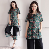 短袖印花上衣+宽松阔腿裤时尚休闲简约2017年夏季套装/套裙