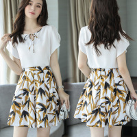 2017年夏季优雅甜美简约套装/套裙短袖纯色上衣+印花半身裙