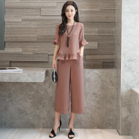 纯色时尚气质花边下摆圆领荷叶五分袖套装/套裙2017年夏季