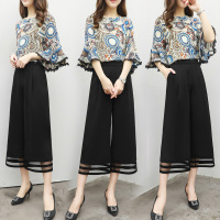 套装/套裙2017年夏季优雅甜美时尚印花五分袖上衣+纯色阔腿_DJR10