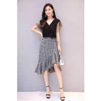 2017年夏季套装/套裙V领短袖时尚气质纱网韩版百搭格子潮流