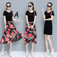 2017年夏季韩版中腰套头花色雪纺上衣+印花裙子套装/套裙