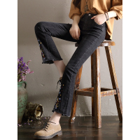 轩兹黑色喇叭裤女牛仔裤2017新款韩版刺绣九分裤不规则毛边微喇裤