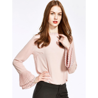 荷叶边撞色长袖简约衬衫小立领纯色女上衣