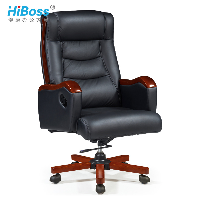 HiBoss 可躺老板椅牛皮办公椅电脑椅大班椅实木脚椅子