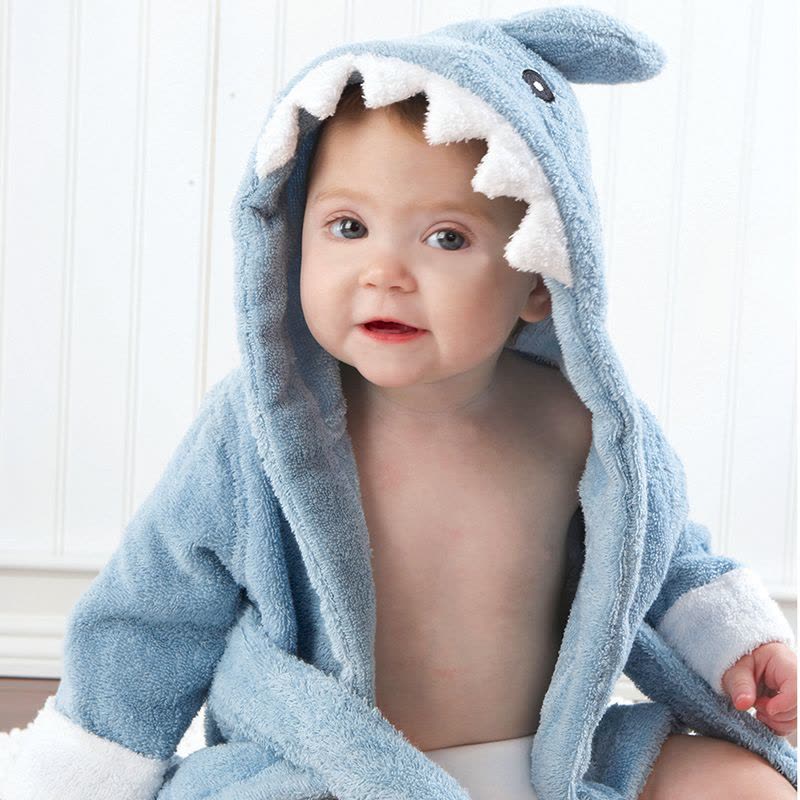 babyaspen毛巾料纯棉婴儿连帽浴袍 小鲨鱼图片