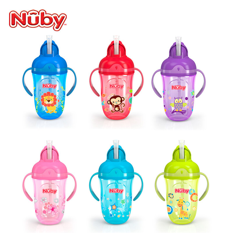 努比Nuby Comfort 带握把细吸管杯带360度重力球 粉色花朵270ml