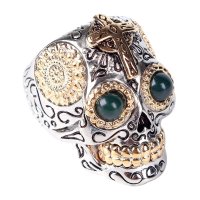 凝萃 天然琥珀蓝珀镶嵌925银骷髅头戒指 活口可调 朋克摇滚潮 个性十足 男款