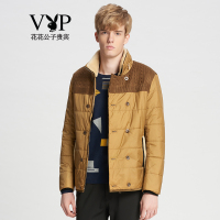 花花公子贵宾棉服男简约时尚拼接保暖棉外套 卡其色WMF662028藏青色662027