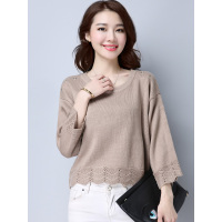 丝柏舍短款圆领宽松针织衫女2017秋装新款镂空花边套头衫S71U0088