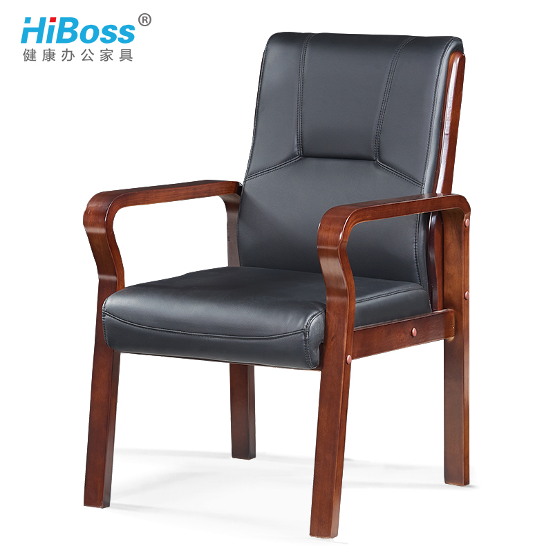 HiBoss 办公家具皮艺会议椅实木办公椅电脑椅四脚椅会客椅