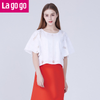 Lagogo夏装新款甜美显瘦白色镂空圆领休闲五分袖女上衣宽松T恤