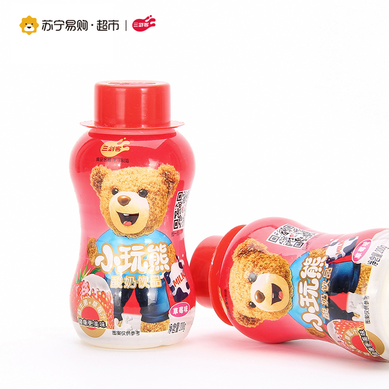 [苏宁易购超市]三剑客 小玩熊酸奶饮品 草莓味风味奶 200g*16瓶装 水果风味奶 礼品盒