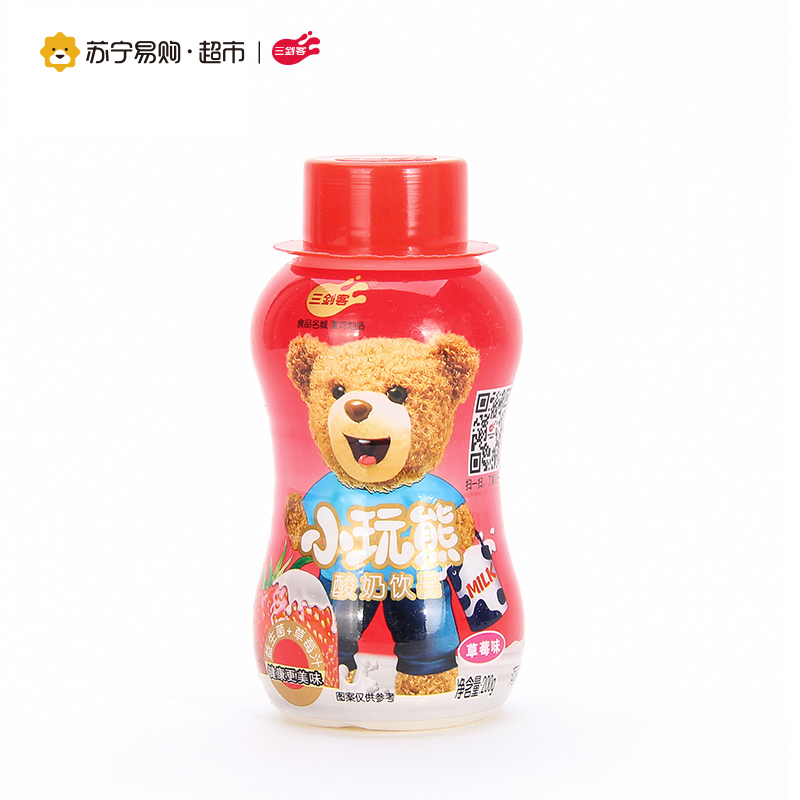 [苏宁易购超市]三剑客 小玩熊酸奶饮品 草莓味风味奶 200g*16瓶装 水果风味奶 礼品盒
