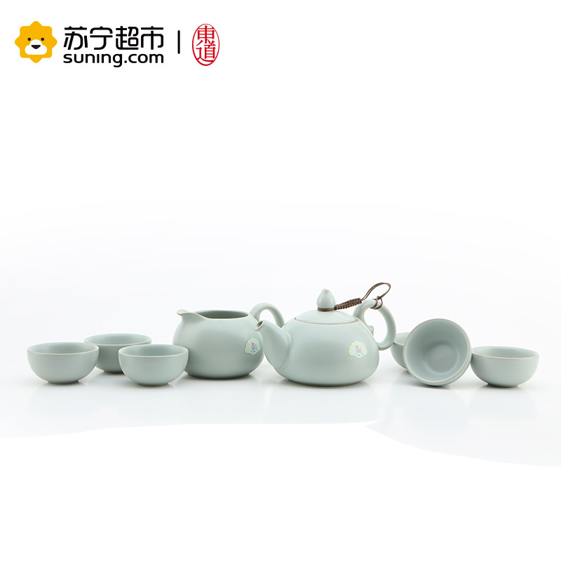 东道 汝窑 套装茶具 陶瓷 祈福茶壶半组 一壶一海六杯 青瓷 开片可养 天青色 否