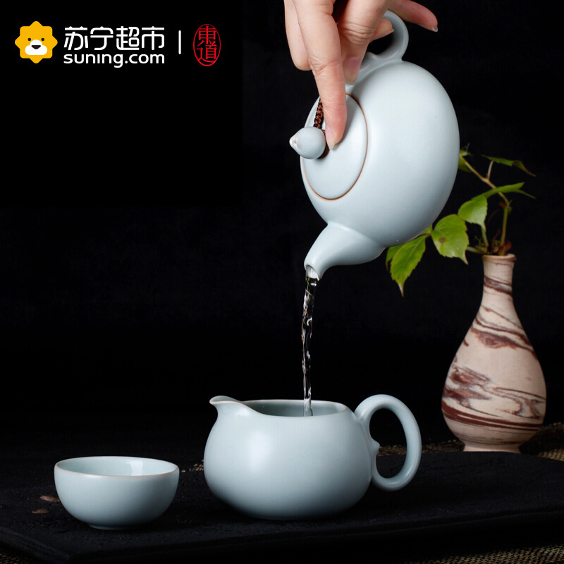 东道 汝窑 套装茶具 陶瓷 祈福茶壶半组 一壶一海六杯 青瓷 开片可养 天青色 否